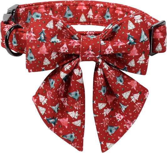 Lionet Paws Christmas Dog Collar with Sailor Bow, Cute Christmas Tree Red Dog Collar Bow Tie for Large Dogs, Neck 16-24 inches