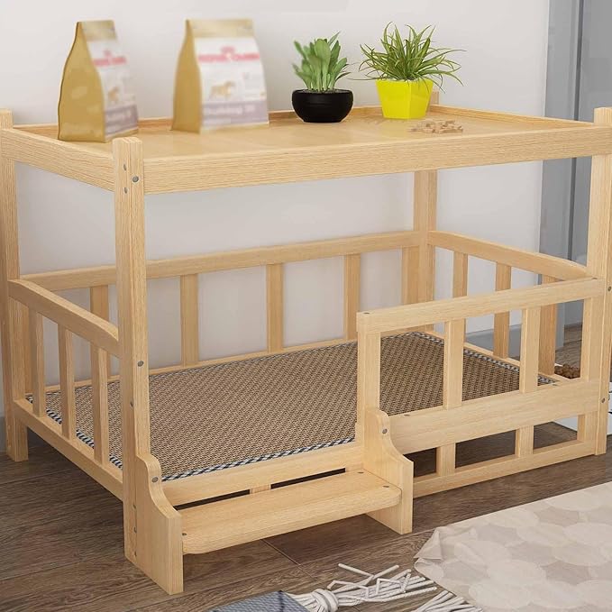 XPLKQXE Dog Bed Wood Platform, Elevated Pet Cushion Bed, Animal Couch with Mattress, Dog Beds & Furniture Rest Cot, Portable Fence Bed Pet Up to 45kg/100lbs(Color:Pink,Size:90x55x70cm)