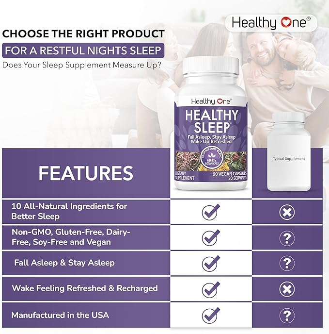Healthy Sleep - 10 REM Inducing Ingredients - Supports All Stages of Deep Rest - Insomnia - Anxious - Restless - Melatonin - Valerian - Chamomile - Theanine - GABA - Hops - Lemon Balm - 60 Count