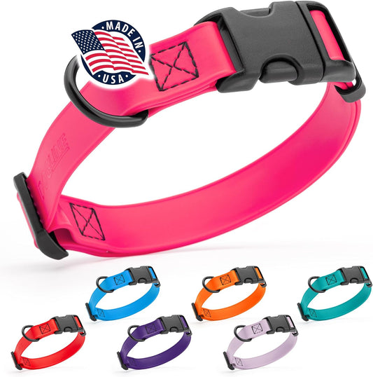 Dogline Biothane Waterproof Dog Collar with Quick Release Buckle Strong Coated Nylon Webbing with Odor- Proof for Easy Care Easy to Clean Fits Small Medium Large Dogs, Pink 5/8" W 9-14" L