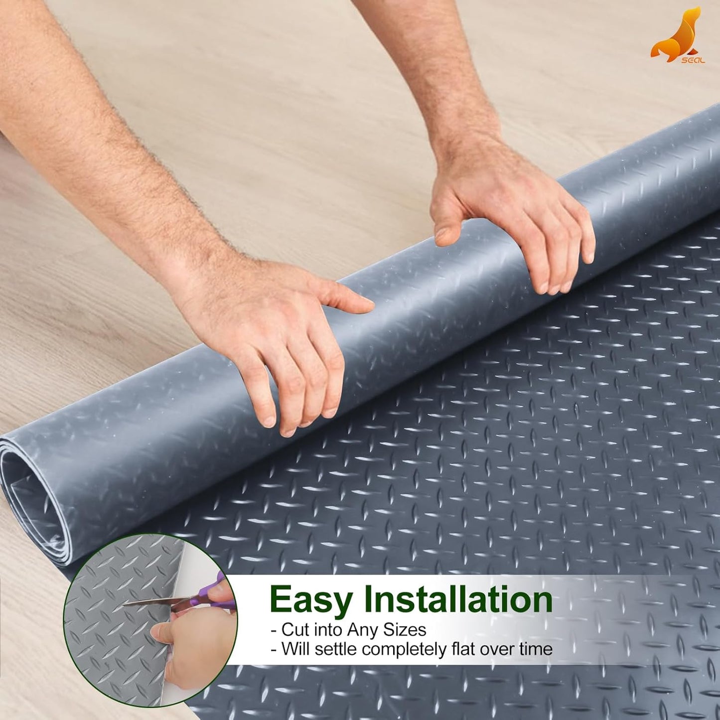 SEAL 4 x 15 Ft Premium Garage Floor Mat, Solid 2.8mm Thick Gray Commercial Grade Heavy Duty Parking Mat for Garage Floor, Golf Cart Parking, Water/Stain Resistant Floor Runner (Embossed Diamond Plate)