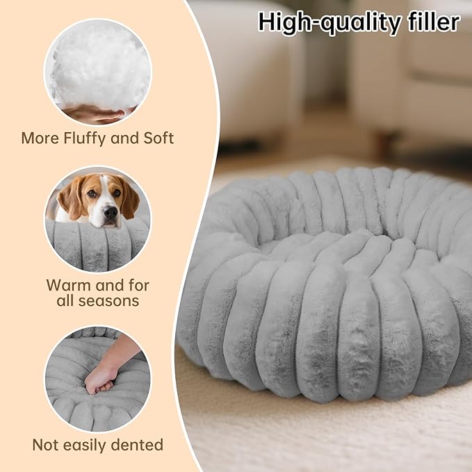 Donut Dog and Cat Bed, Luxurious Comfortable Faux Rabbit Fur Pet Beds, Round Anti-Anxiety Calming Puppy Kitten Bed with Anti-Slip Bottom for Small Medium Dogs & Cats(28", Grey)