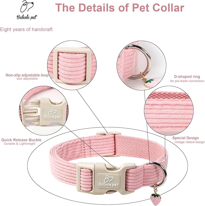Cute Corduroy Dog Collar - Pink Adjustable Dog Collars for Large Dogs 50-80lbs, Fade-Proof with Secure Snap & Little Charm, Christmas Birthday Gift, L