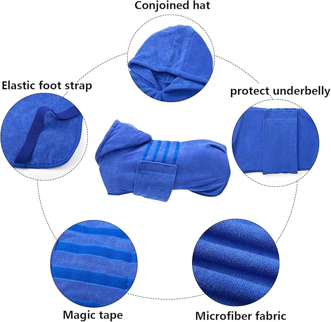 Geyecete Dog Drying Coats with Hood - Absorbent Robe Towel - Microfibre Fast Drying - Blue - XXL