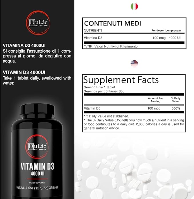 Dulàc - Vitamin D3 4000 IU Supplement, Promotes Calcium & Phosphorus Absorption, Supports Bones, Teeth, Muscles & Immune System, 365 Tablets, Made in Italy