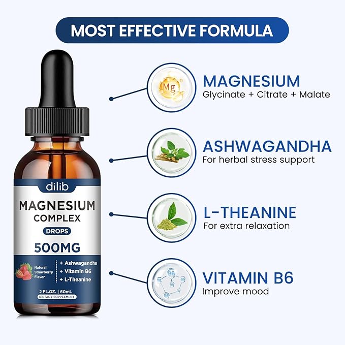 Magnesium Glycinate Liquid Drops 500mg - Triple Magnesium Complex Supplement with Citrate, Malate, Ashwagandha, L-Theanine, Vitamin B6 for Sleep, Stress Relief, Muscle, Strawberry Flavor 4 Fl Oz