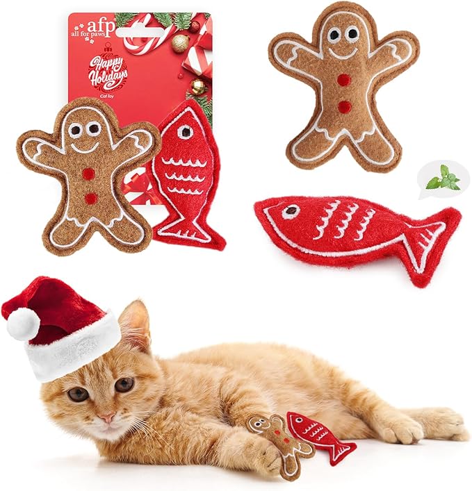 ALL FOR PAWS Christmas Cat Toys with Catnip, Bite-Resistant Teething Toy for Indoor Cats Exercise, Interactive Kitten Toys