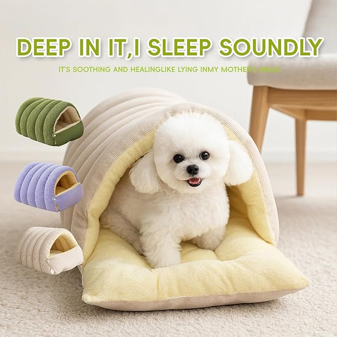 Removable and Washable Winter Closed-Off Cat Bed, Cat Winter Cave, Cute Cat Beds for Indoor Cats, Disassembled Design for Easier Cleaning, with Hair Remover (Green+Purple, 22.4 * 14.6 * 11.0 in)