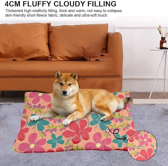 Pastel Pink Floral Dog Bed Small Dog Mats for Sleeping Kennel Pads Chew Resistant Bed for Crate Washable Non-Slip Crate Medium Size Mats Paw Cushion Indoor Outdoor 36X24 Inch