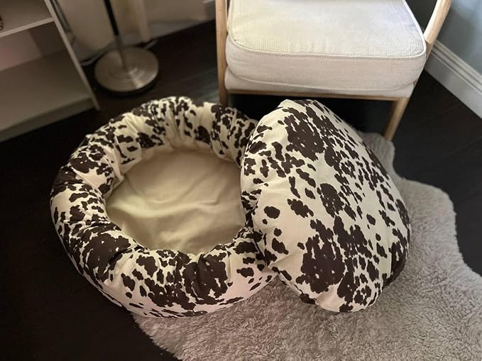 Organic Cotton Canvas Dog Bed: Removable Cover, Natural Fill - Made in USA (Cow Print Brown White, Medium 28" x 8" inches)