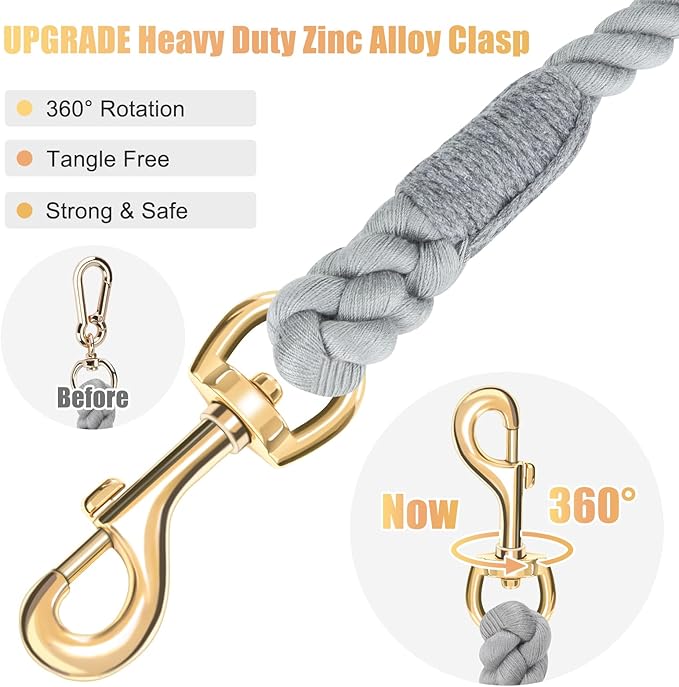 Dog Leash 5 FT Handmade Braided Cotton Rope Leashes for Small Medium and Large Dogs, New Golden Heavy Duty Metal Clasp, Grey