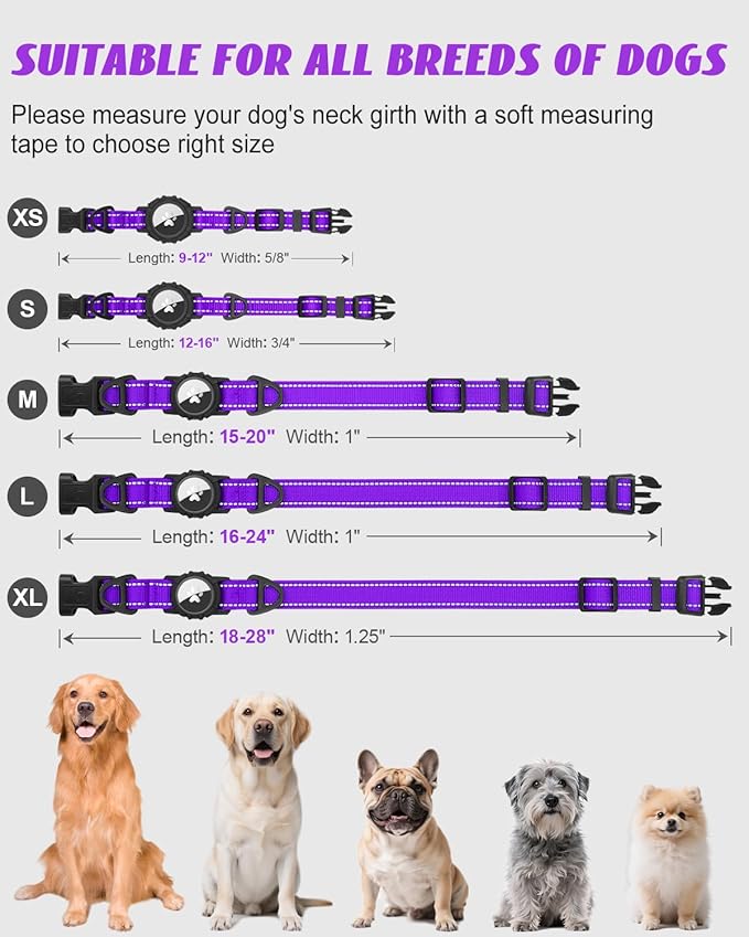 Joytale Airtag Dog Collar, Reflective Pet Collar with Waterproof AirTag Holder, Dual D-Rings, Soft Padded Adjustable for Large Dogs, Purple, L