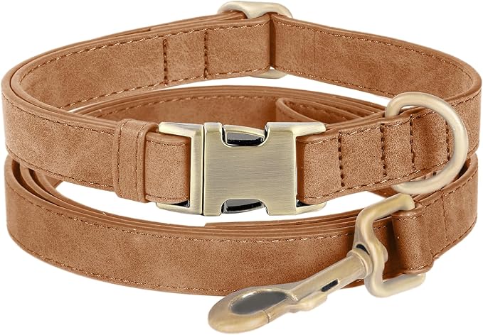 Genuine Leather Dog Collar - Adjustable Pet Collar with Quick Release Metal Buckle, Soft Skin Friendly Real Leather Collar for Small, Medium, Large Dogs (Brown Collar + Rope, L：Fit 15-23" Neck)