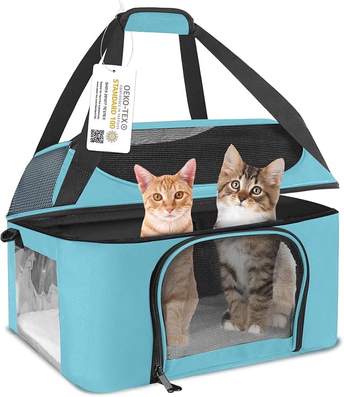 Large Cat Carrier for 2 Cats, Oeko-TEX Certified Soft Side Pet Carrier for Dog, Collapsible Travel Small Dog Carrier, TSA Airline Approved Cat Carrier for Large Cats 20 lbs (Blue)