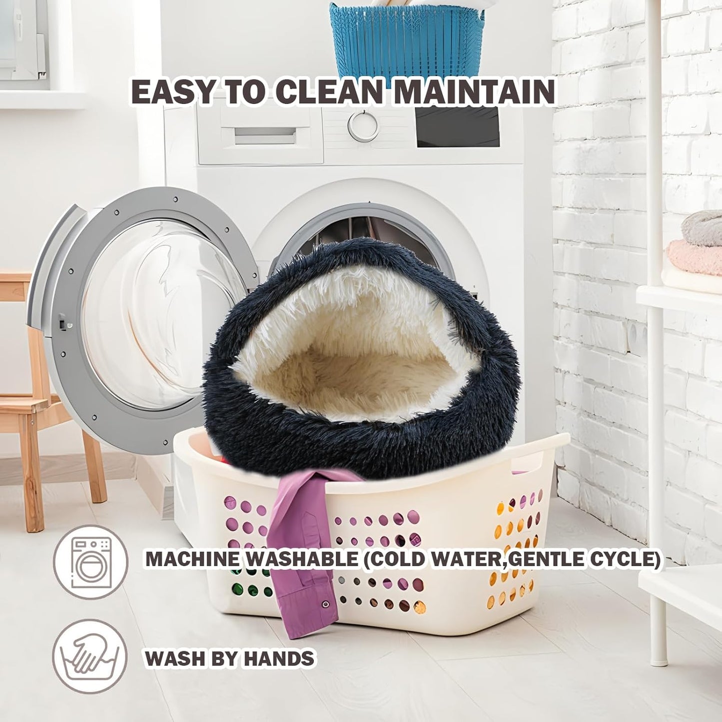 Cat Bed for Indoor Cats, Calming Cozy Cave with Self-Warming Plush, Entire Bed Machine Washable & Anti-Slip Base, Breathable Pet Bed for Small Cats&Dogs All Seasons (Dark Gray, 24 * 24inch)