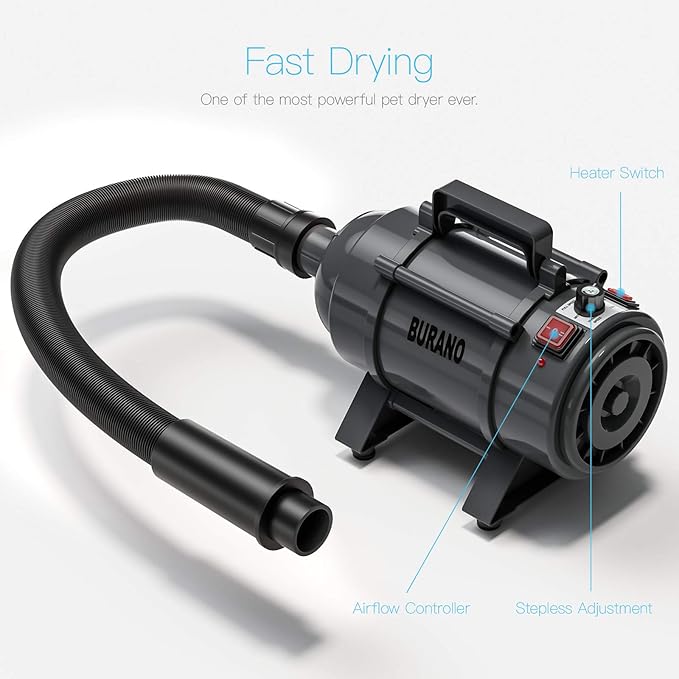 Burano Dog Dryer, High Velocity Pet Hair Dryer, 4.3HP Stepless Adjustable Speed Dog Hair Force Dryer, Powerful Pet Blower with Heater