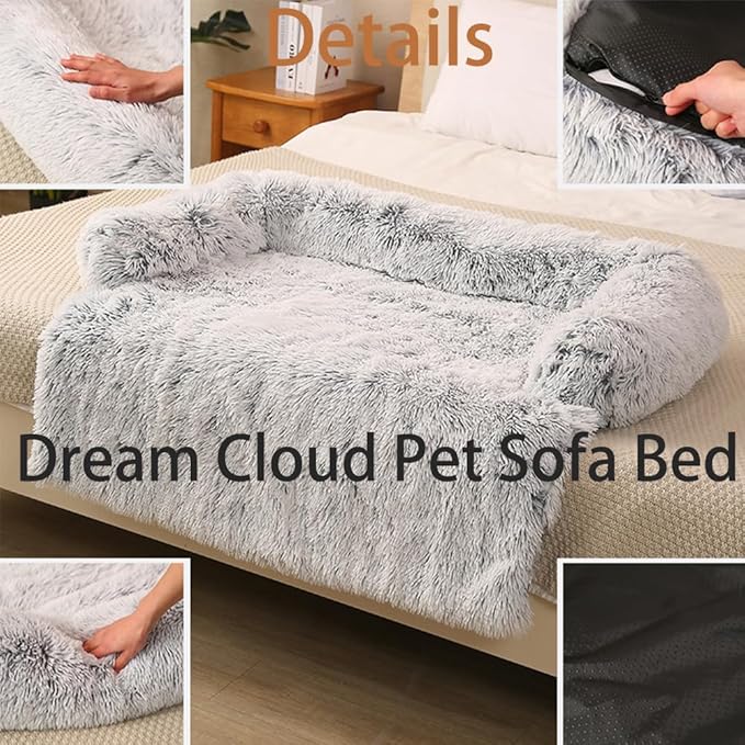 Dream Cloud Pet Sofa Bed for Dogs Cats, 2026 Washable Removable Calming Fluffy Plush Mat for Furniture Protector, Long Fur Non-Slip, for Small/Medium/Large Home Pets (Light Grey, L: 37.4 * 33.5IN)