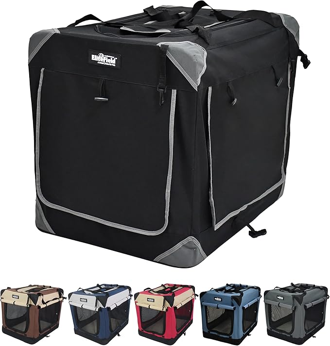 EliteField 4-Door Folding Soft Dog Crate with Curtains, Carrying Bag and Fleece Bed (2 Year Warranty), Indoor & Outdoor Pet Home (42" L x 28" W x 32" H, Black+4 Door Curtains)