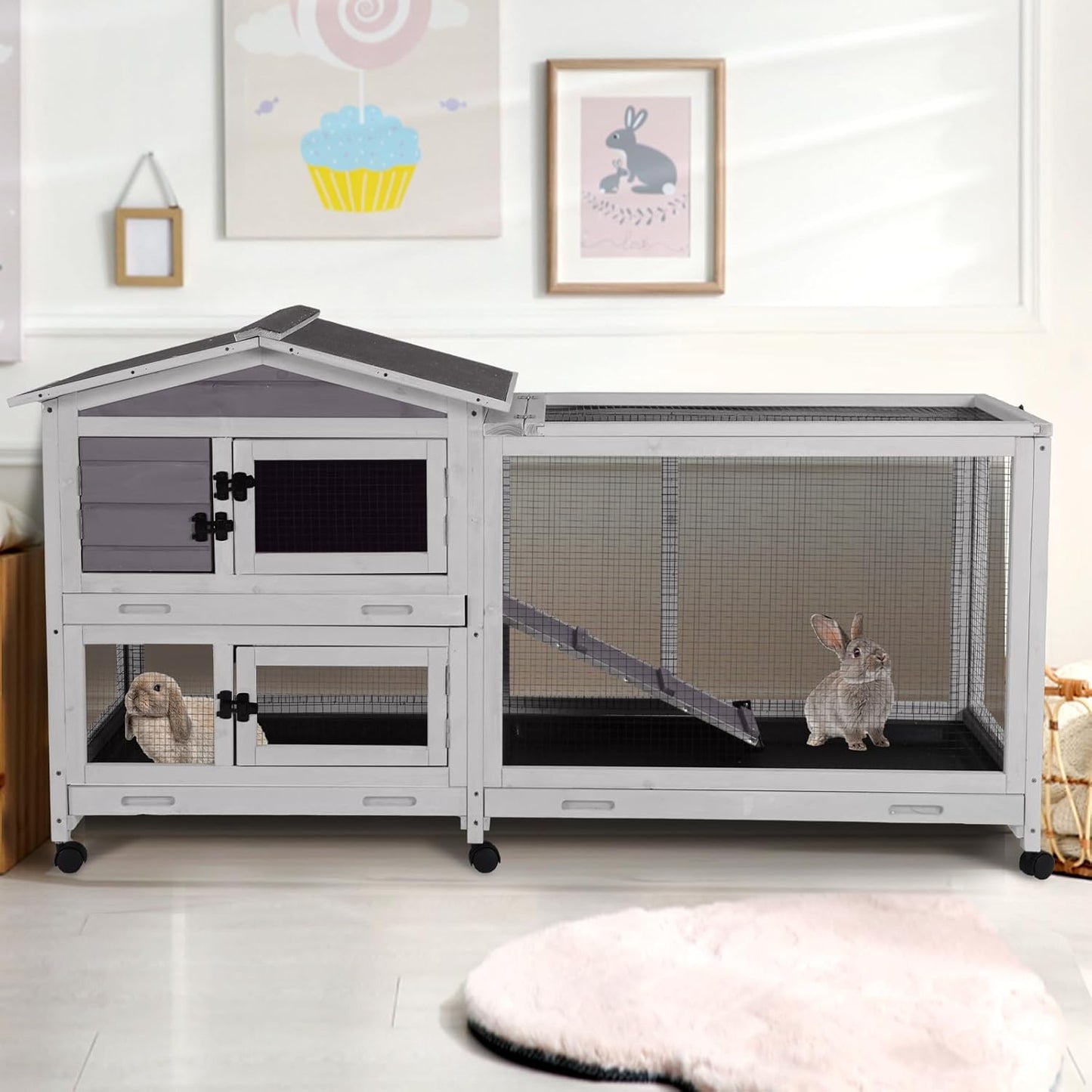 2-Story Indoor Rabbit Hutch with Chew-Proof Outdoor Rabbit Cage with 6 Locking Casters Bunny Cage 2 Pull-Out Trays Guinea Pigs Cage 62"