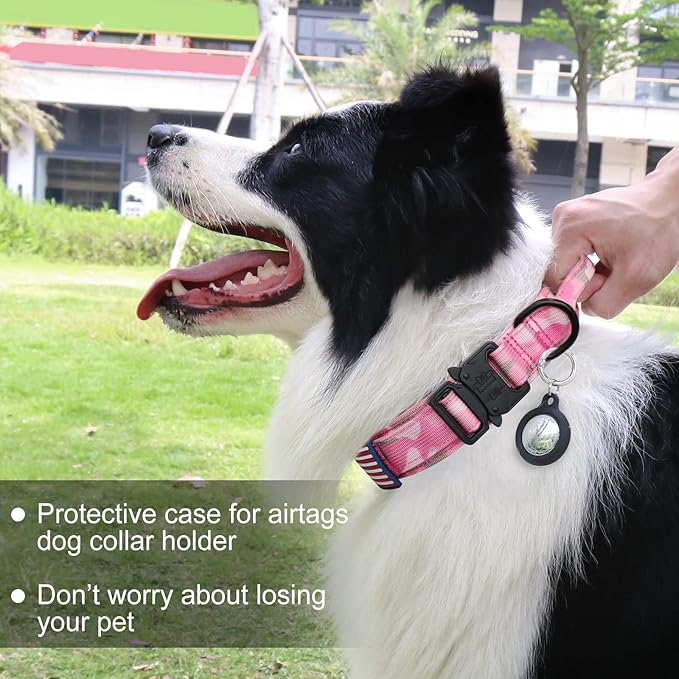 Hotsky Tactical Dog Collar, Adjustable Military Training Nylon Airtag Collar with Handle and Heavy Duty Metal Buckle for Medium Large Dogs, with Airtag Holder and Two Patches（Pink Camo,M）