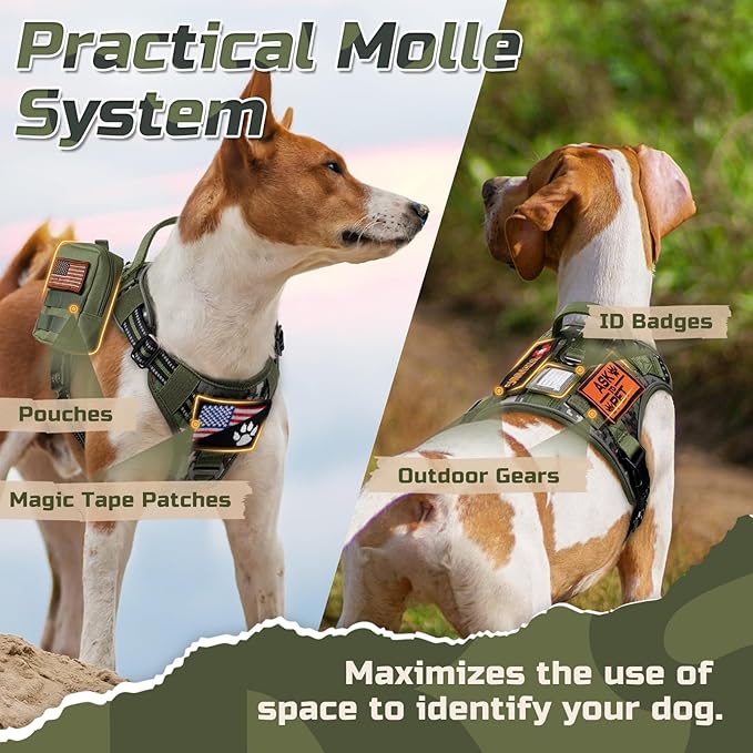 rabbitgoo Tactical Dog Harness for Large Dogs, No Pull Military Service Vest with Handle & Molle, Easy Control for Training Walking, Adjustable Reflective Straps, Green camo, L
