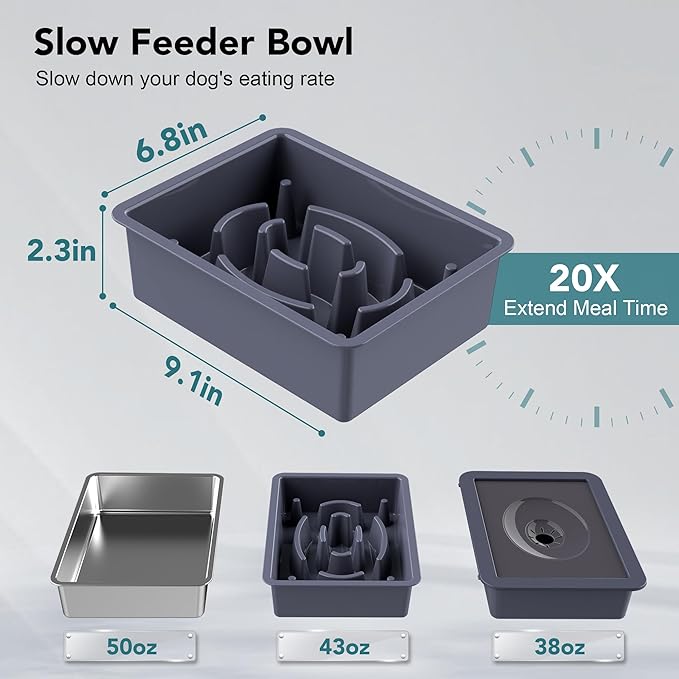 UPSKY 3-in-1 Elevated Dog Bowls Slow Feeder, Adjustable Stand, Stainless Steel Food & No Spill Pet Water Bowl for Small Medium Dogs, Blue