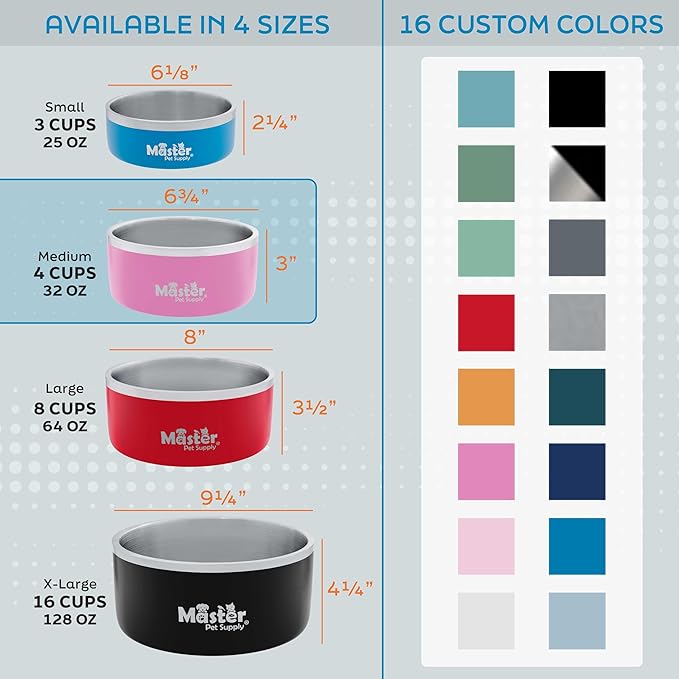 Master Pet Supply Stainless Steel Dog Bowls - 32 oz, Heavy Duty - Black Velvet, Double Wall Extra-Thick Insulated, Non-Slip Pet Water Bowl for Dogs, Cats & Pets, Anti Rust Metal, Dish Washer Safe