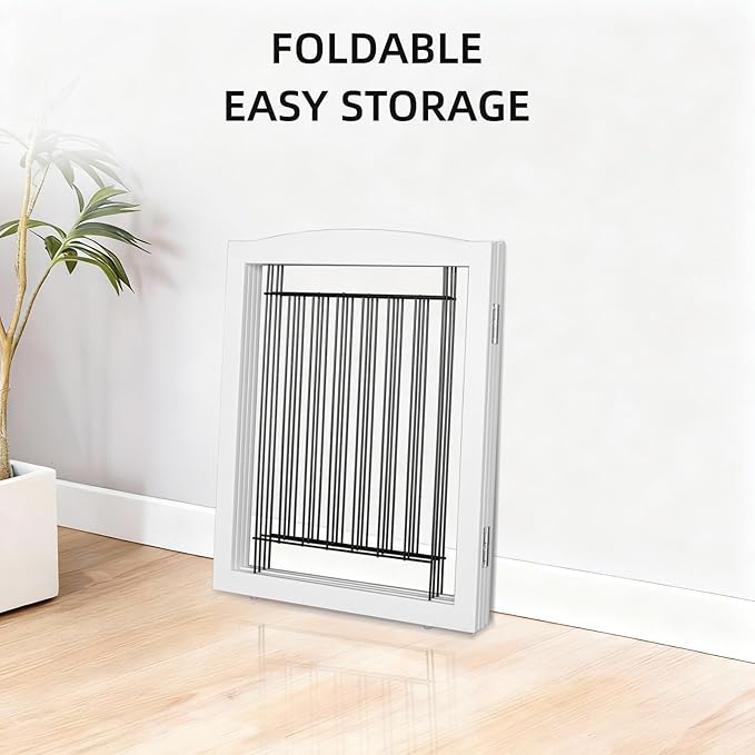ZJSF Freestanding Foldable Dog Gate - Extra Wide White Puppy Gate for Stairs & Doorways - Tall 4 Panels Wooden Pet Fence