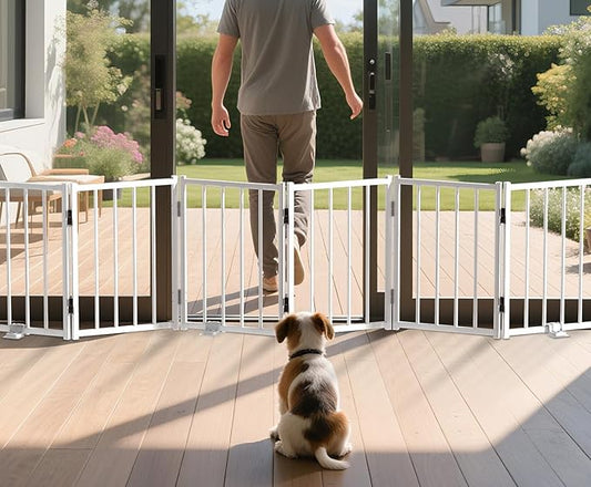 BFNN Free Standing Foldable Dog Gate, 16.5" High Step-Over Metal Short Pet Gate, Up to 72" Wide Puppy Fence for Stairs and Doorways, Indoor & Outdoor Use, No Drilling and No Assembly, White