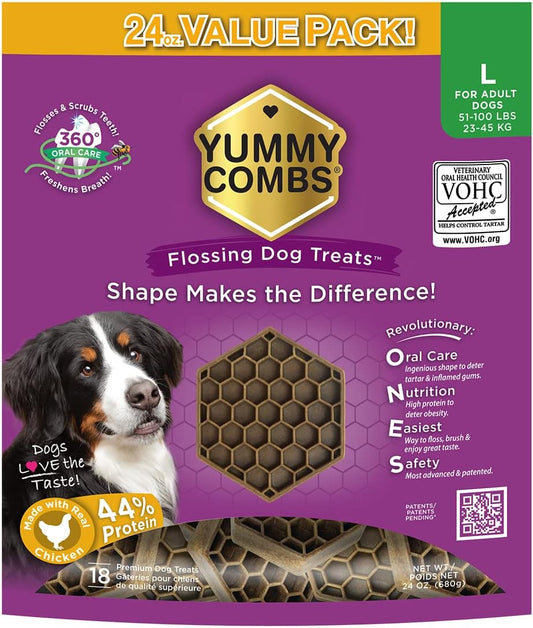 Dog Dental Treats – Vet VOHC Approved – Delicious Chicken Protein – Removes Tartar with Cleaning Comb Shape – Dental Dog Treats for Large Dogs (24oz, 18 Count)