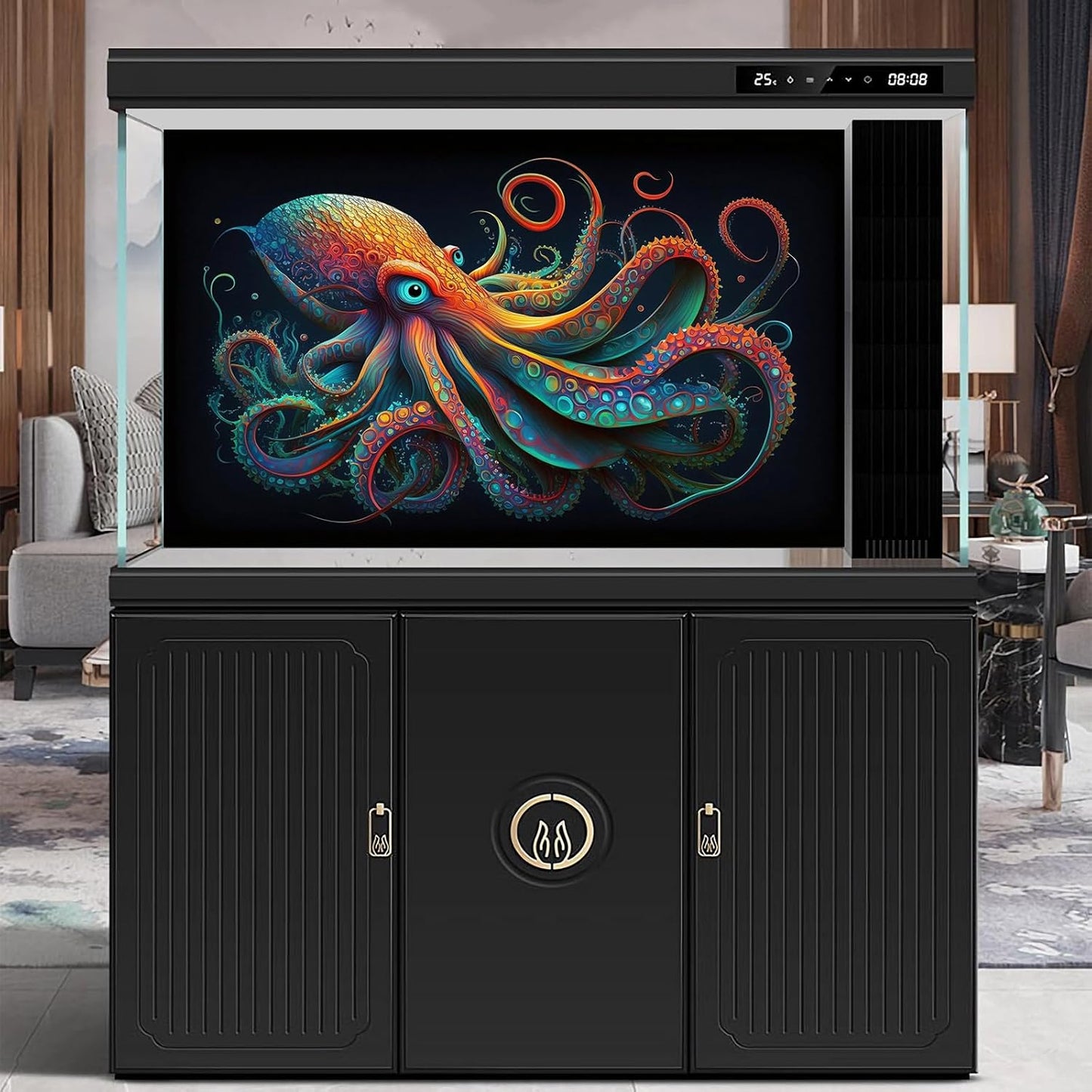 Octopus Aquarium Background Abstract Colorful Octopus Terrarium Background Glowing Octopus on Black Background Fish Tank Backdrop Poster Wallpaper Decorations Vinyl 36x20in