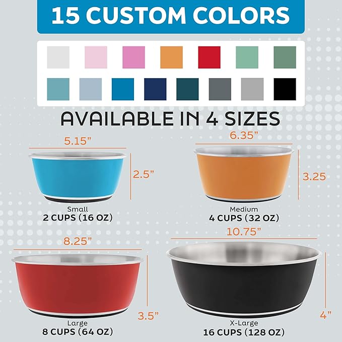 Master Pet Supply Stainless Steel Dog Bowls Set of 2 (16 Oz Each) with Non-Slip Rubber Base - Graphite - Basic Dog Food Bowl Water & Food Bowls for Small Medium Large Dogs & Cats, Metal Dish