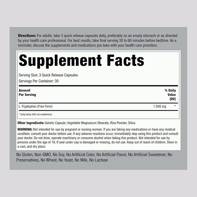 Piping Rock L-Tryptophan 1500 mg | 90 Capsules | Free Form | Non-GMO, Gluten Free Supplement