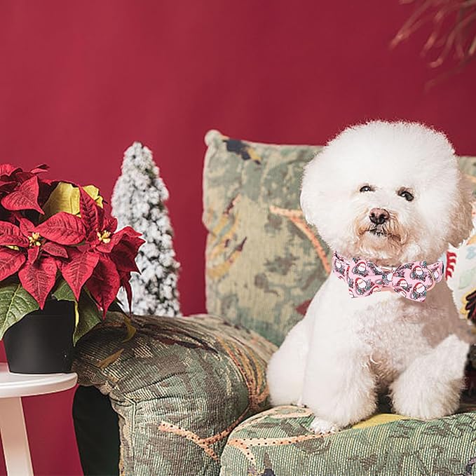 Christmas Dog Collar, Pink Christmas Santa Claus Dog Collar Bow Tie Pet Collars with Bow Adjustable Pet Collars with Premium Metal Buckle Dogs Necklace for Medium Girl Dogs