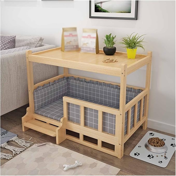 XPLKQXE Dog Bed Wood Platform, Elevated Pet Cushion Bed, Animal Couch with Mattress, Dog Beds & Furniture Rest Cot, Portable Fence Bed Pet Up to 45kg/100lbs(Color:Gray,Size:45x30x60cm)