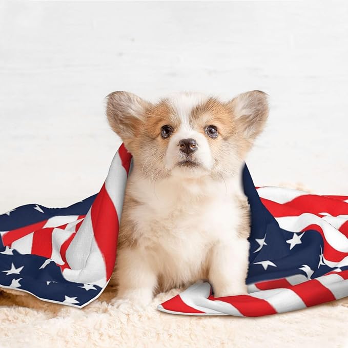 Double Sided Plush Pet Blanket for Small Large Animals, American Flag Plaid Pattern, Reversible Throw with Dimpled Dot Side and Flat Side for Kennels Living Rooms