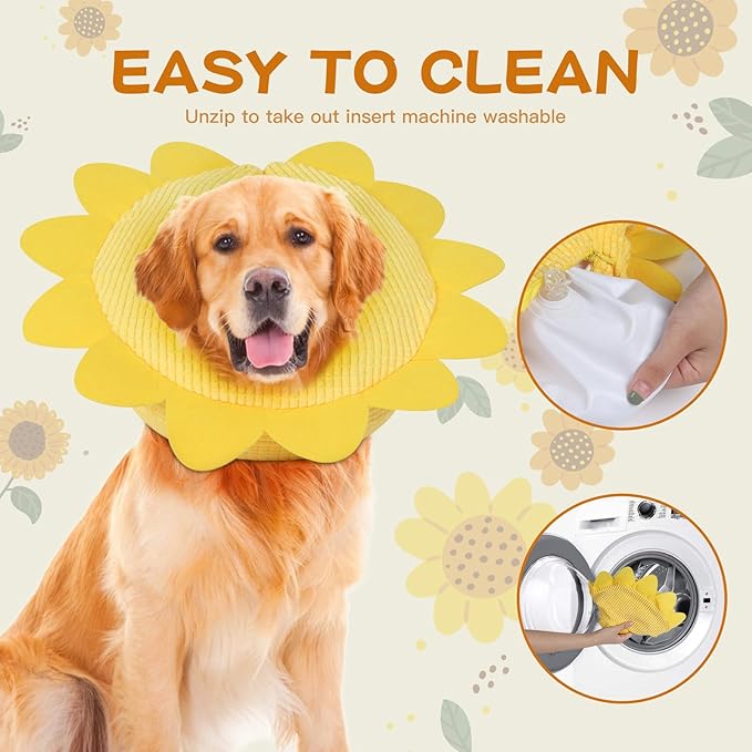 IEUUMLER Inflatable Recovery Dog Collar, Protective Donut Cone, Adjustable Soft Collar for Dog and Cat After Surgery Prevent from Biting & Scratching EU002 - Sunflower M+
