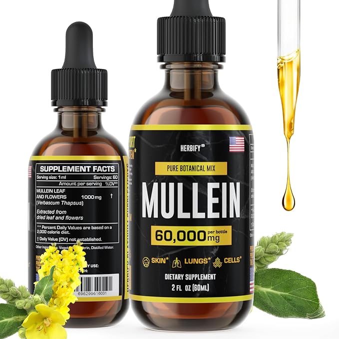 HERBIFY Mullein Extract 2 oz Tincture for Respiratory Health, Mullein Leaf and Flowers Blend (Verbascum Densiflorum)