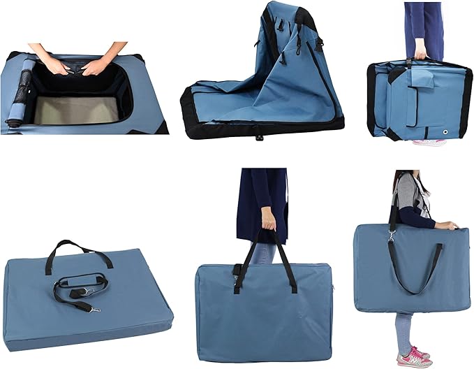 EliteField 4-Door Folding Soft Dog Crate with Curtains, Carrying Bag and Fleece Bed (2 Year Warranty), Indoor & Outdoor Pet Home (24" L x 18" W x 21" H, Blue Gray+4 Door Curtains)