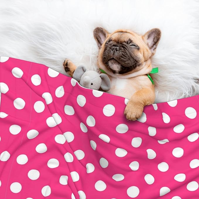 Two Sided Plush Pet Blanket for Warmth Comfort, Pink Polka Dot, Reversible Throw with Cozy Nubby Side for Chilly Nights Napping Spots Around House