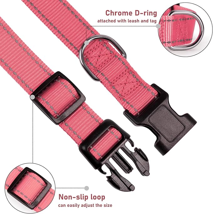 Reflective Dog Collar with Buckle Adjustable Safety Nylon Collars for Small Medium Large Dogs, Light Pink XL