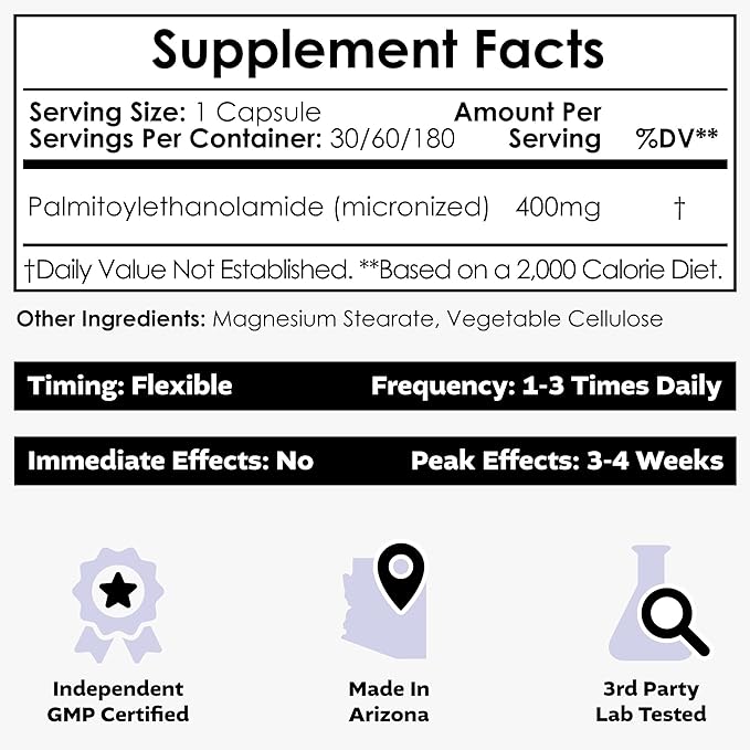 Nootropics Depot Palmitoylethanolamide Capsules | Pea | 400mg Pills | 60 Count | Supports Discomfort Relief | Promotes Healthy Joint Function