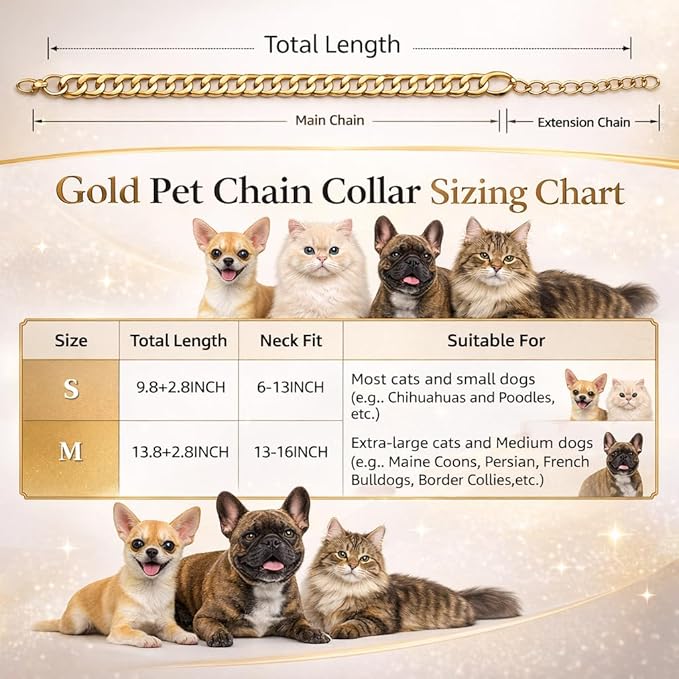 Gold Cat Chain Collar,Adjustable Cuban Link Necklace for Cats, Lightweight & Durable Metal Pet Jewelry, Stylish Decorative Accessory (Gold, S)