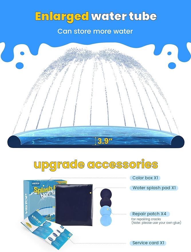 VISTOP Non-Slip Splash Pad for Kids and Dog, Thicken Sprinkler Pool Summer Outdoor Water Toys - Fun Backyard Fountain Play Mat for Baby Girls Boys Children or Pet Dog (117 Inch, Red&Yellow&Green&Blue)