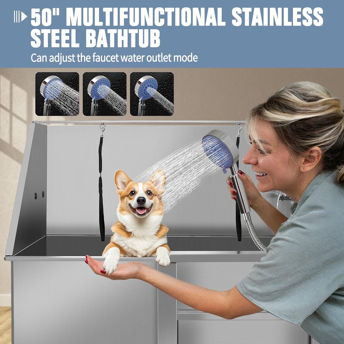 50" Dog Washing Station, Professional Stainless Steel Dog Bathing Station, Equipped/W Three Anti-Slip Steps, Removable Door, Upgraded Spray Nozzle&Hose - for Home, Pet Grooming Salon (50" Right ramp)