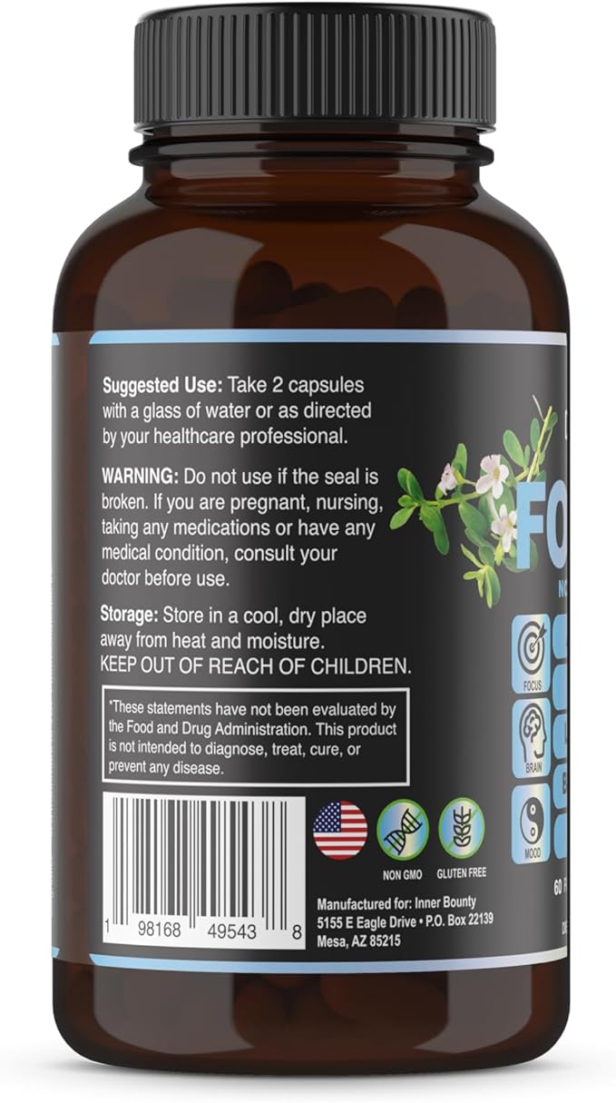 Focus 14-in-1 Nootropic Brain Supplement with Lions Mane, Alpha GPC Choline, Vitamin C & B12, Taurine, Bacopa - Energy, Cognitive, Memory Support, 60 Filler Free Capsules
