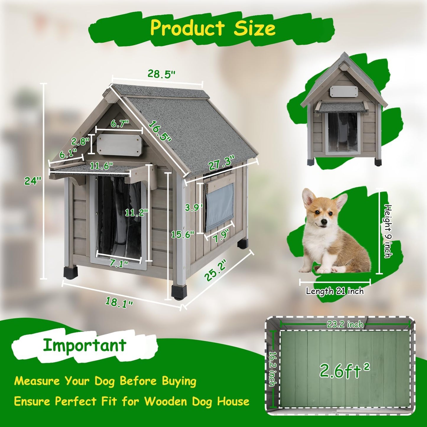 Dog House Outdoor Indoor Waterproof for Small Dog with Anti-Chewing Iron Frame, Raised Feet, Weatherproof Doghouse Kennel Puppy Shelter with Removable Floors(18" L*28.5" W*24" H)
