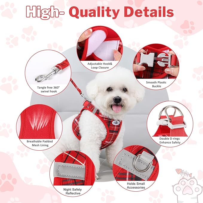 Gyuzh Dog Harness and Leash Set, 3-in-1 Step in No Pull Harness Vest Collar for Small Dogs & Cats, Lightweight Breathable Mesh Reflective Plaid with Padded Handle (Red, L)