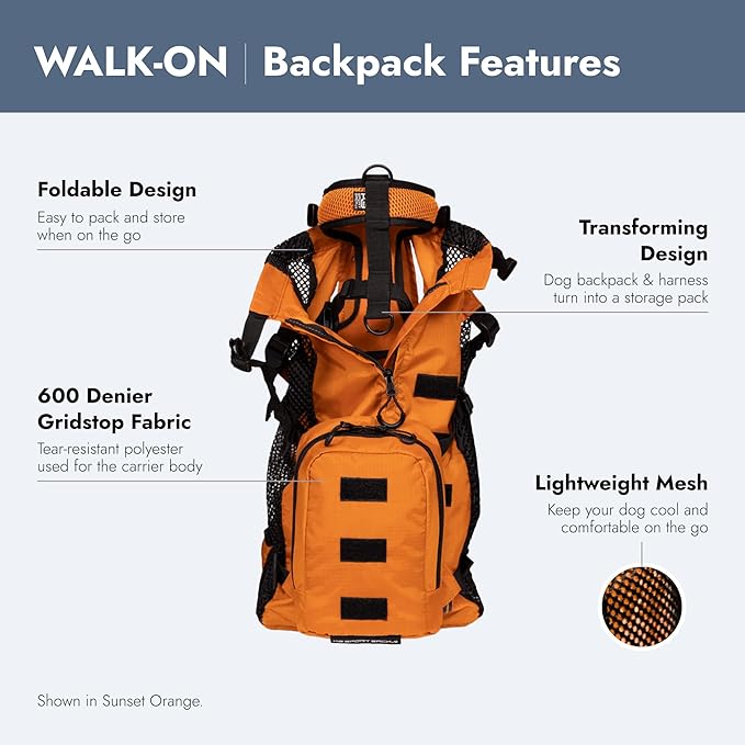 K9 Sport Sack Walk-On - Small, Sunset Orange - Ideal for Dogs with 13-16” Back Length - Lightweight, Packable, Backpack-Style Carrier - Includes Compatible Harness & Storage Bag