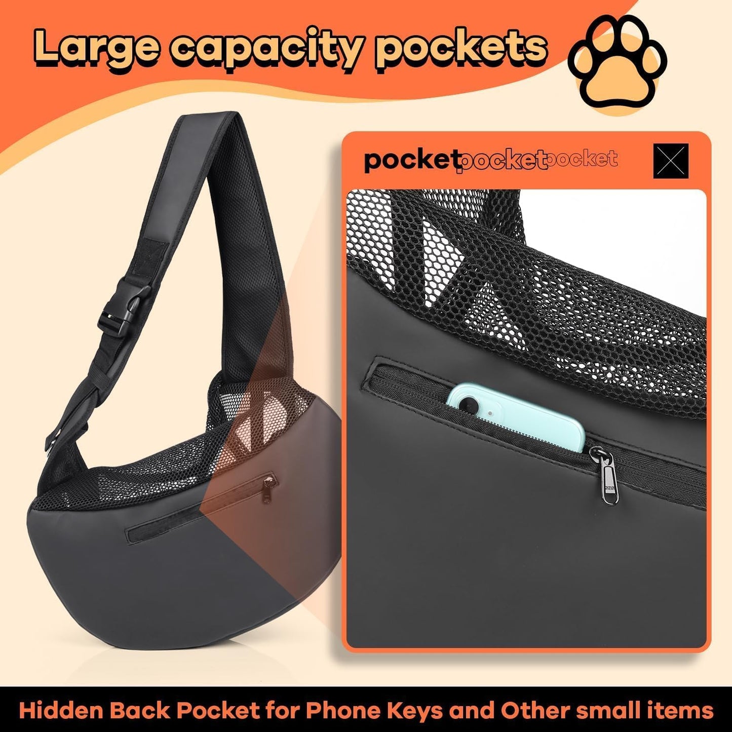 YUDODO Pet Sling Carrier for Small Dogs & Cats – Hands-Free Puppy Carrier with Safety Hook, Large Zipper Pocket, Soft Breathable Mesh, Adjustable Strap & Reflective Strip (Pink 3.0 M)